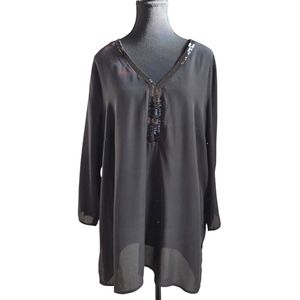 Cleo Black Sheer  3/4 Sleeve Tunic With Sequin Embelishments Size L